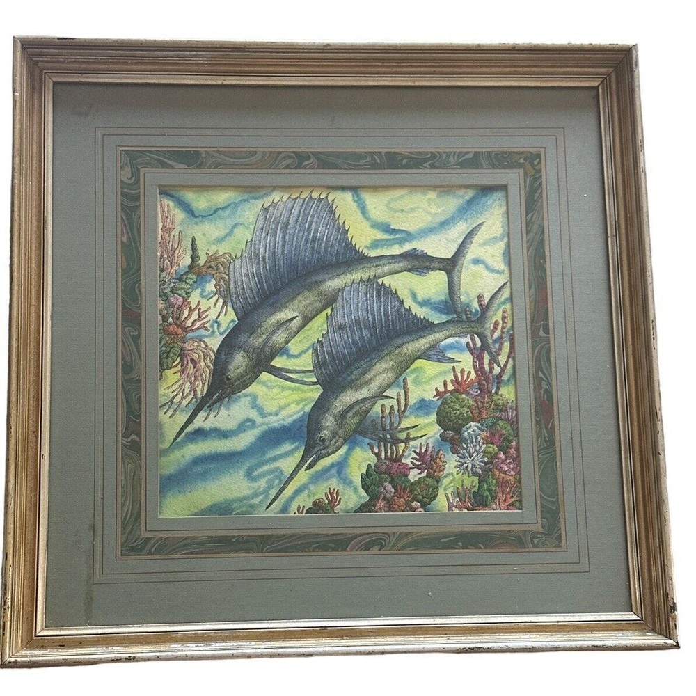Sailfish Game Fishing Mixed Media Painting Framed 16x16 Signed John Hawkins 1953